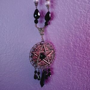 🔮2 for $17🖤Pentagram pentacle silver necklace black crystal protection